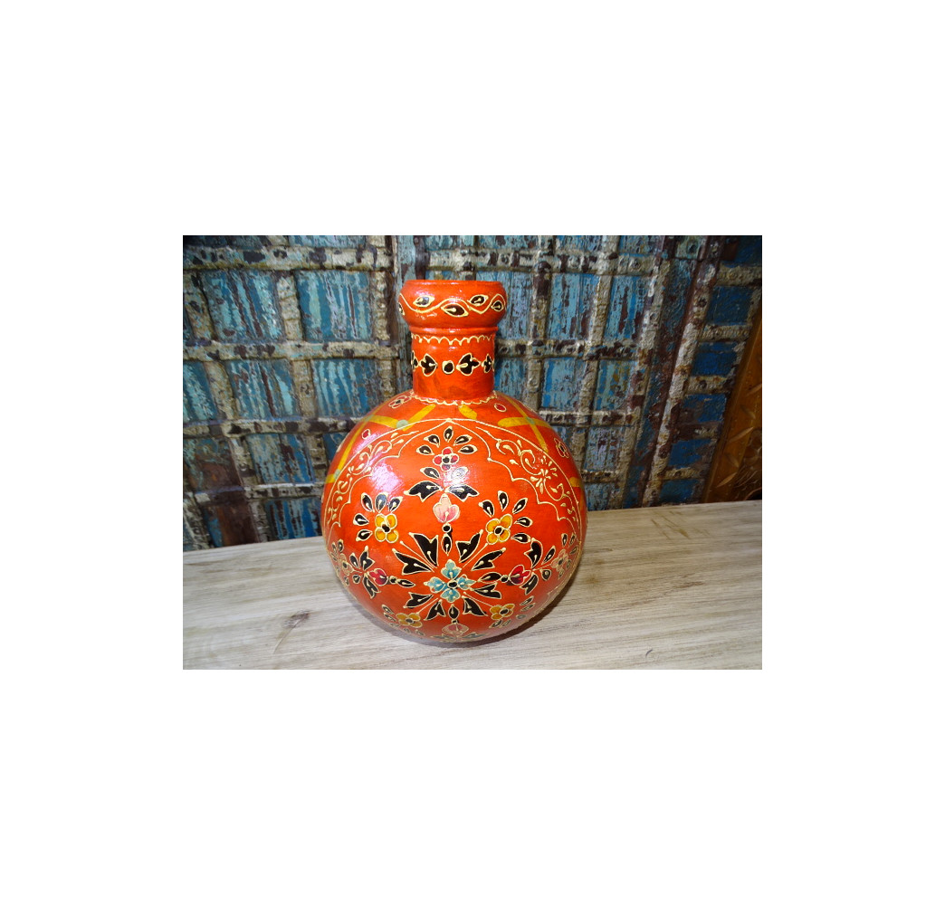 Orange hand painted metal water jar 30 cm