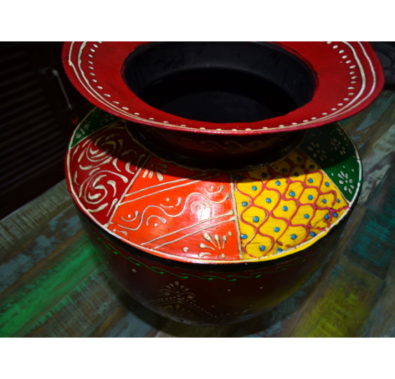 Vaso basso in acciaio dipinto a rilievo multicolore 34 cm