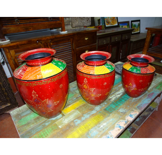 Vaso basso in acciaio dipinto a rilievo multicolore 47 cm