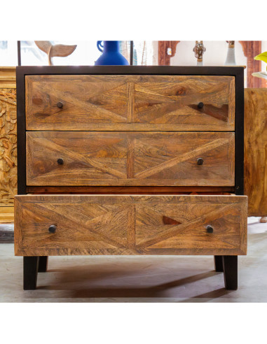 Commode 3 tiroirs en manguier noir et patine foncée