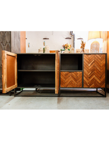 Buffet style industriel teck et métal 3 portes 1 tiroir