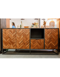 Buffet style industriel teck et métal 3 portes 1 tiroir