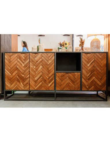 Buffet style industriel teck et métal 3 portes 1 tiroir