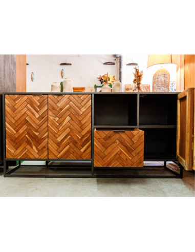 Buffet style industriel teck et métal 3 portes 1 tiroir