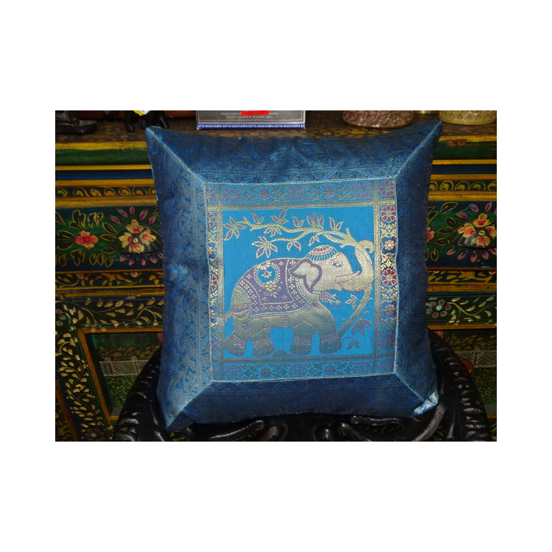 Housse de coussin 1 éléphant 40x40 cm turquoise bord brocart