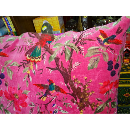 Housses en velours avec oiseau de paradis fushia en 60X60 cm