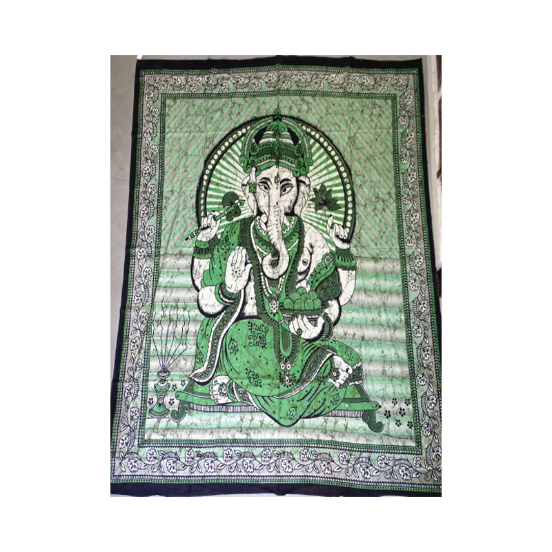 Cotton wall hanging or bedspread with green Ganesh