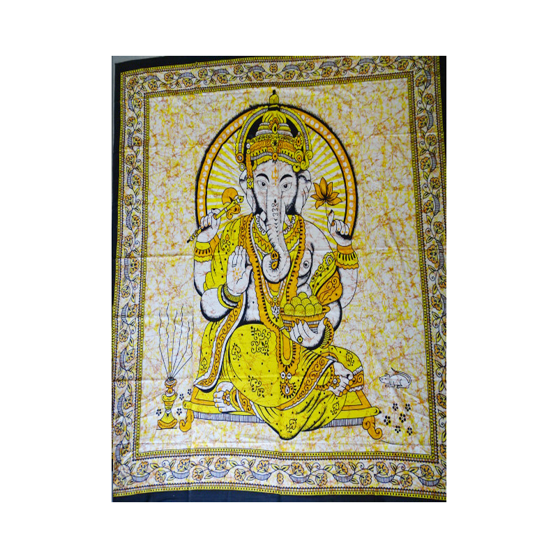 Tenture en coton ou dessus de lit avec Ganesh de couleur jaune