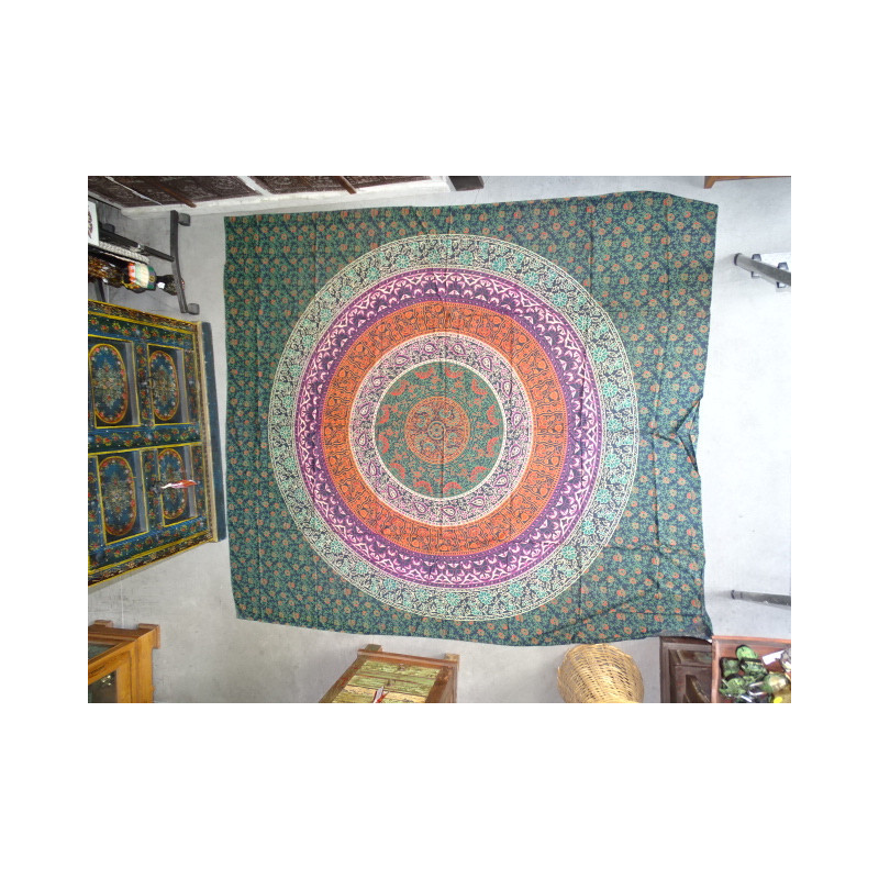 Tenture en coton ou dessus de lit avec mandala de couleur verte à fleur