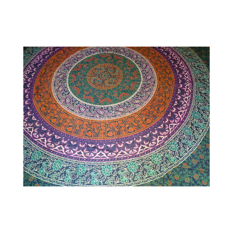 Tenture en coton ou dessus de lit avec mandala de couleur verte à fleur