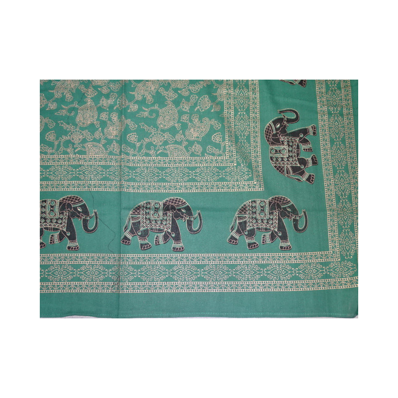 Cotton wall hanging or bedspread green with golden elephants