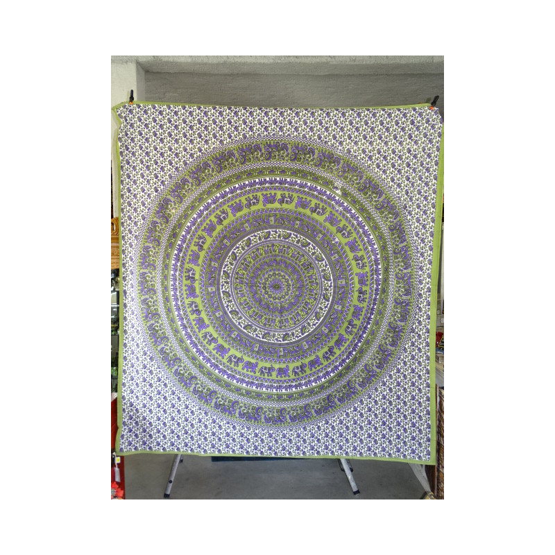 Tenture coton mosaïque éléphant violet et vert