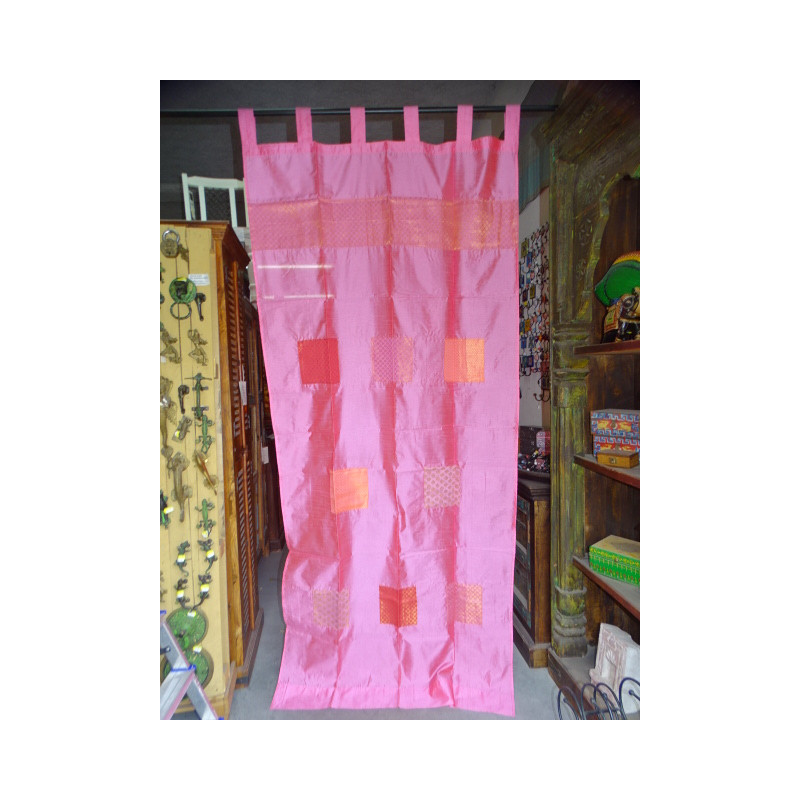 Rideaux taffetas rose avec bandeau patchwork 250x110 cm