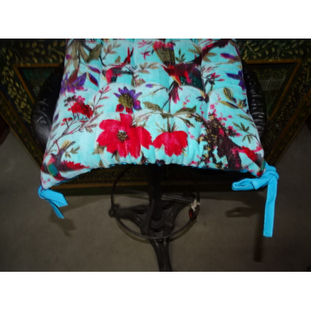 Galette de chaise velours 38x38 cm avec oiseaux de paradis - turquoise