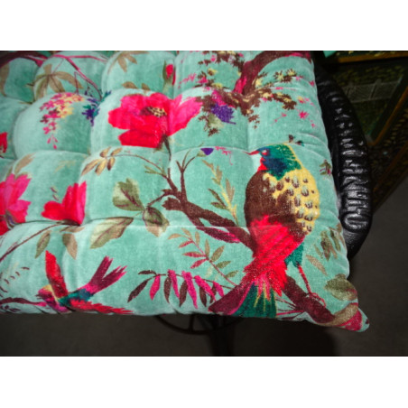Galette de chaise velours 38x38 cm avec oiseaux de paradis - vert