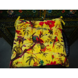 Galette de chaise velours 38x38 cm avec oiseaux de paradis - jaune