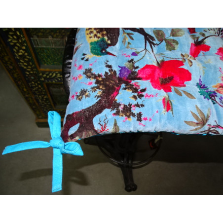 Galette de chaise velours 38x38 cm avec oiseaux de paradis - bleu ciel