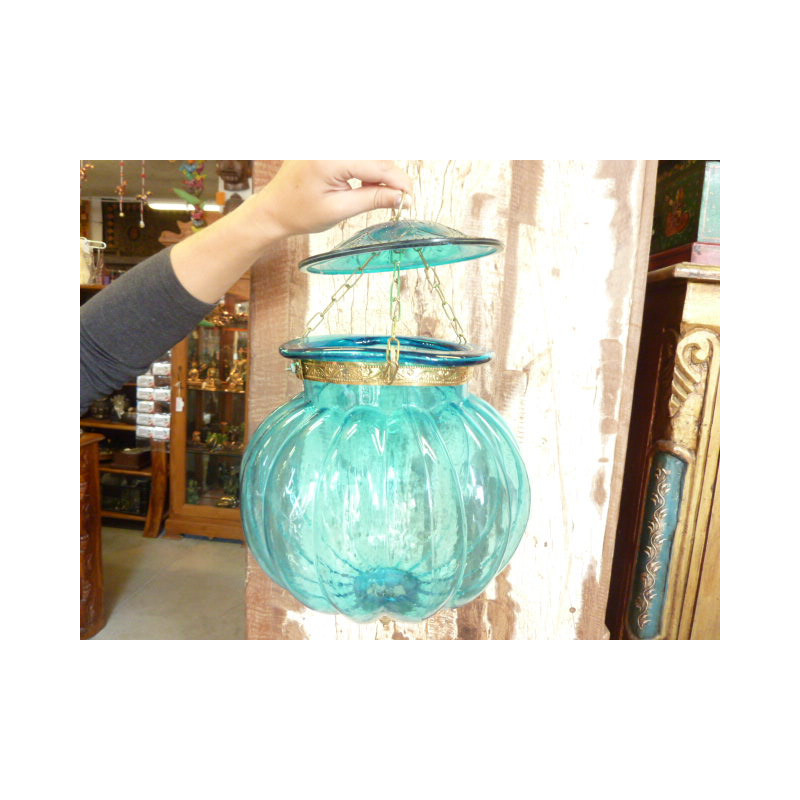 Lampe indienne KHARBUJA en verre souflé turquoise 22x22 cm