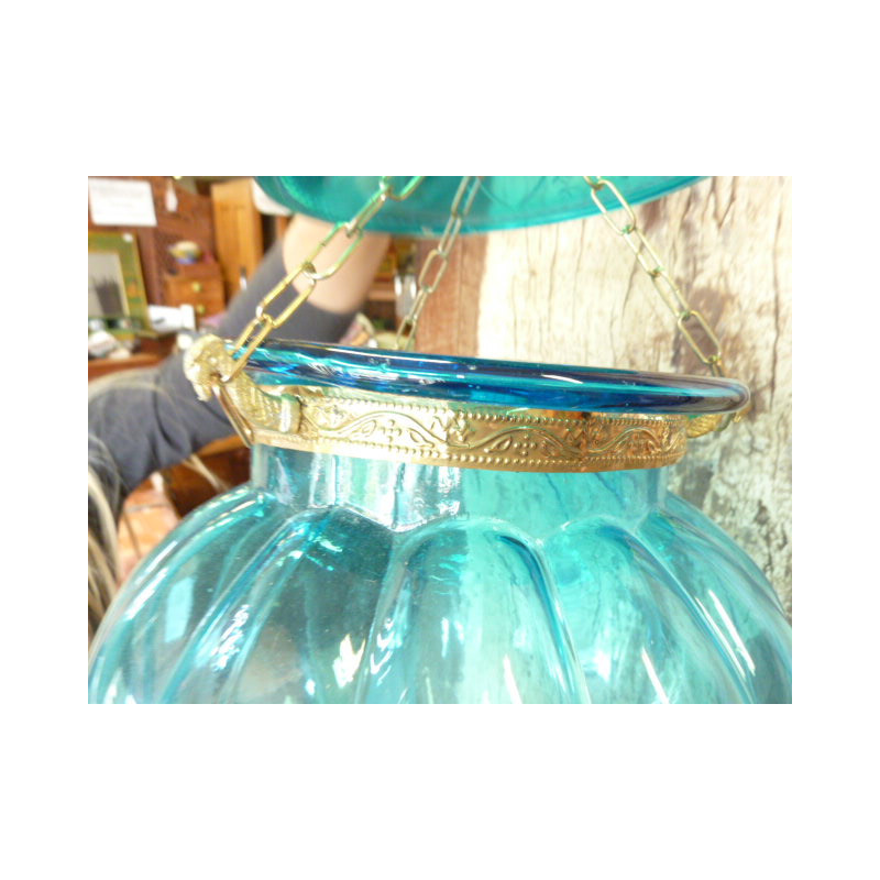 Lampe indienne KHARBUJA en verre souflé turquoise 22x22 cm