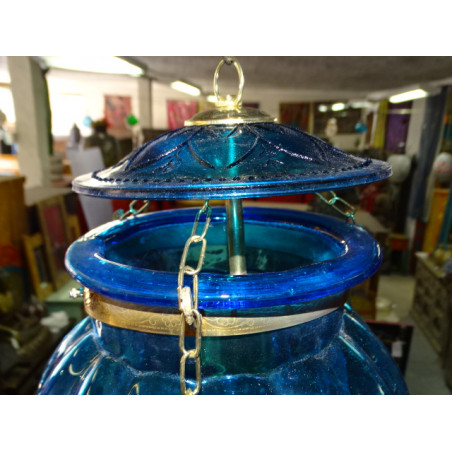 Lampe indienne KHARBUJA en verre souflé turquoise  foncé 22x22 cm