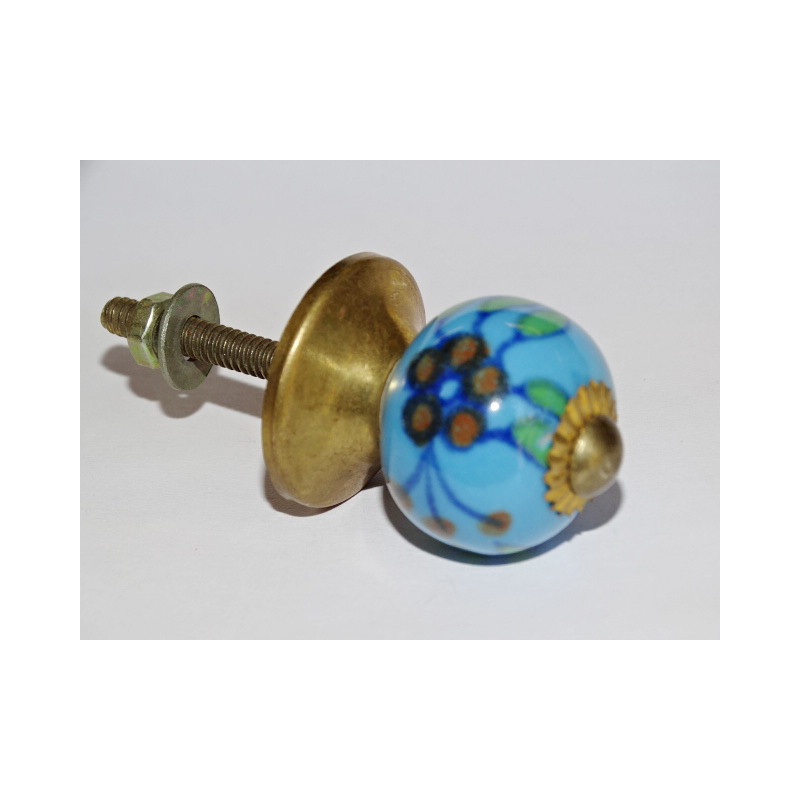 Poignée de meuble Turquoise et fleurs marrons