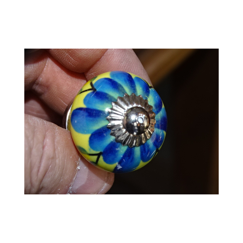 Miniknöpfe aus gelber Keramik und türkisfarbener Blume - silber