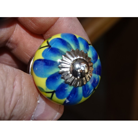 mini boutons en céramique jaune et fleur turquoise - argenté