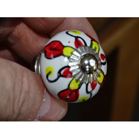 mini botones de cerámica flor roja y amarilla - plata