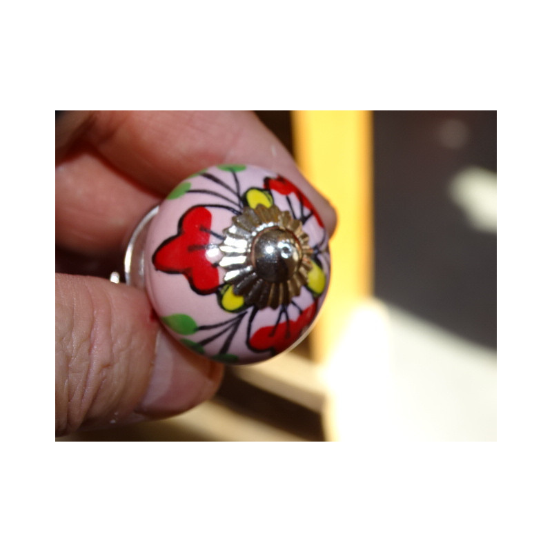 mini botones de cerámica rosa y 3 flores rojas - plata
