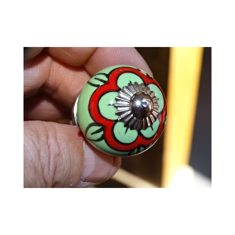 mini botones de cerámica verde y amapola roja - plata