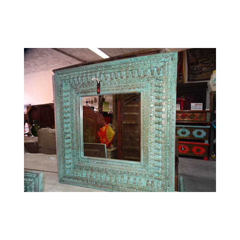 Large mirror carved and patinated in turquoise 100x100 cm