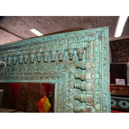 Großer Spiegel in Türkis 100x100 cm geschnitzt und patiniert