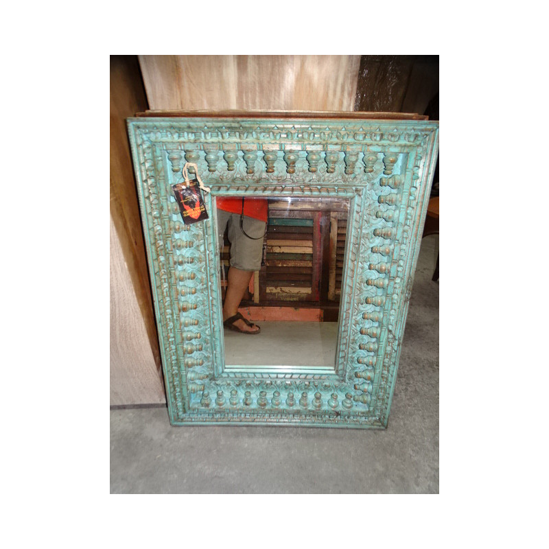 Large mirror carved and patinated in turquoise 60x75 cm