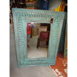 Large mirror carved and patinated in sanded turquoise in 90x120 cm