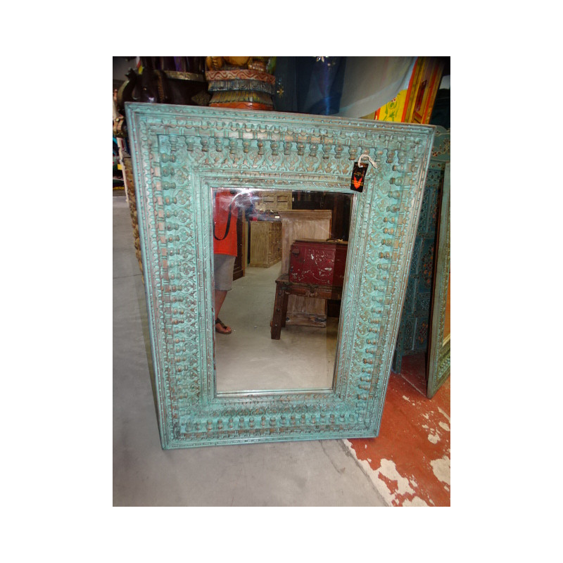 Large mirror carved and patinated in sanded turquoise in 90x120 cm
