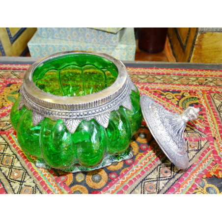 Bombonière métal et verre souflé verte