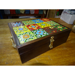 Large rosewood box decorated with ceramic tiles