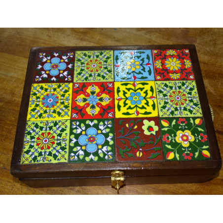 Large rosewood box decorated with ceramic tiles