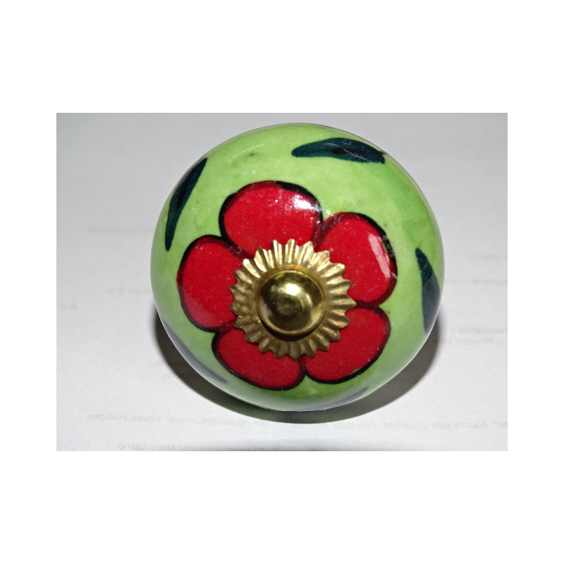 Boutons de tiroirs ou porte vert printemps et fleur rouge