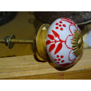 Manija del cajón de flores de porcelana y helechos rojos