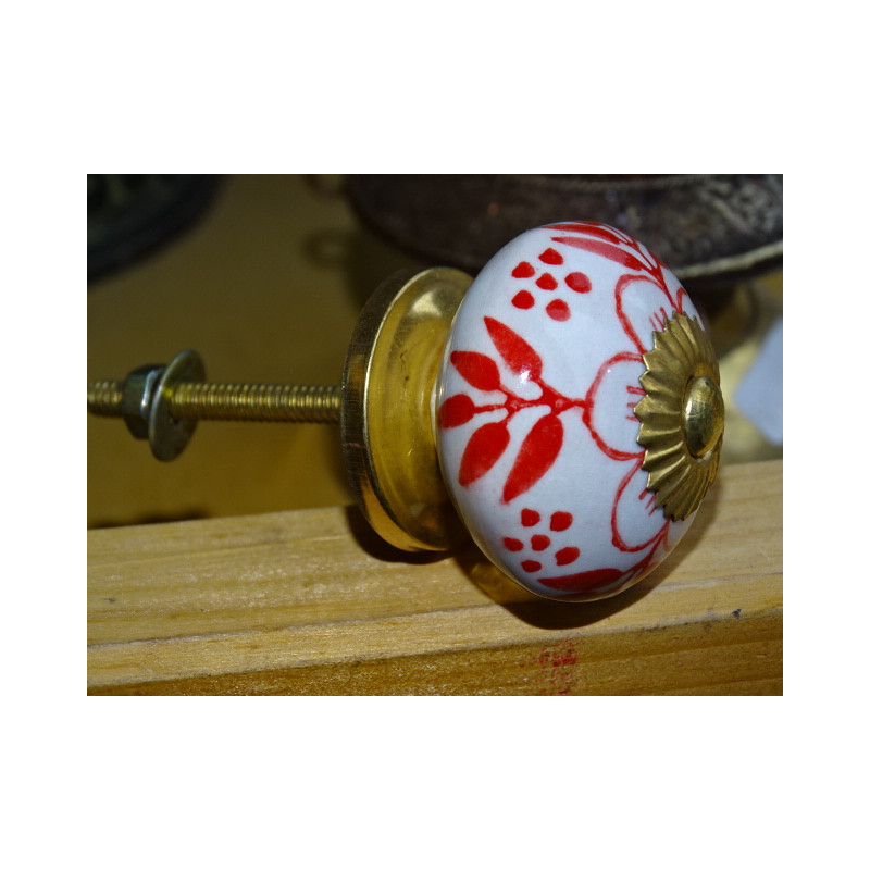 Manico per porta in porcellana fiore rosso e 4 foglie