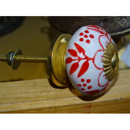 Poignée de tiroir en porcelaine fleur rouge et 4 feuillages
