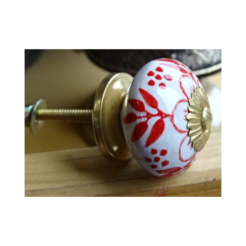 Porcelain drawer handle red flower and 4 foliage