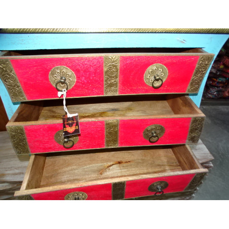 Cassettiera rossa e turchese indiana con 6 cassetti decorati con ottone