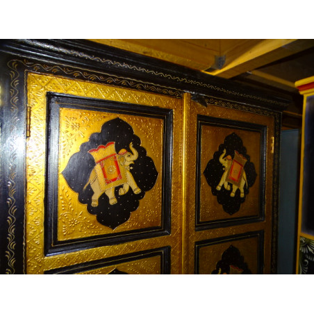 Armario pintado en relieve con motivos de elefante negro y dorado 2 puertas