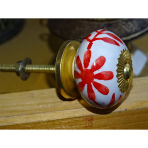 Porcelain drawer handle large red flower