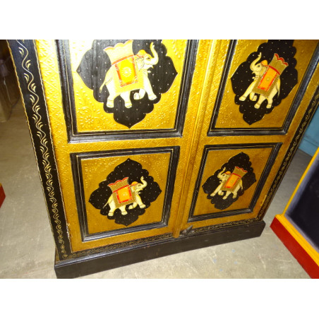 Armario pintado en relieve con motivos de elefante negro y dorado 2 puertas