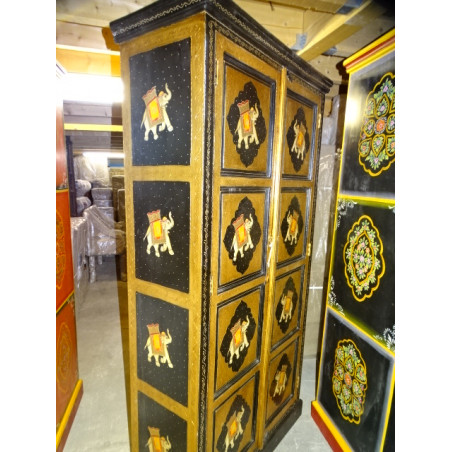 Mobile contenitore dipinto a rilievo con motivi elefanti neri e oro 2 ante