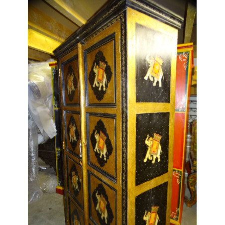 Armoire peinte en relief motifs éléphants noirs et dorés 2 portes