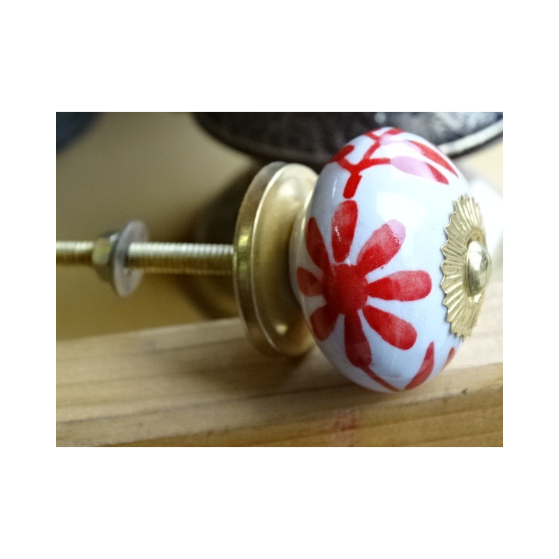 Porcelain drawer handle large red flower